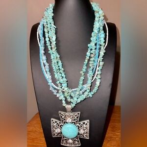Turquoise and Silver Cross Pendant Necklace